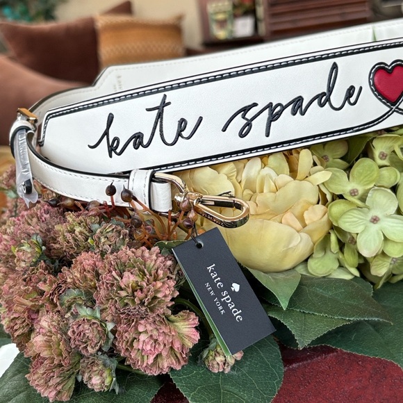 NWT Kate Spade Script Leather Meringue Adjustable Crossbody Guitar Bag Strap - Picture 3 of 14